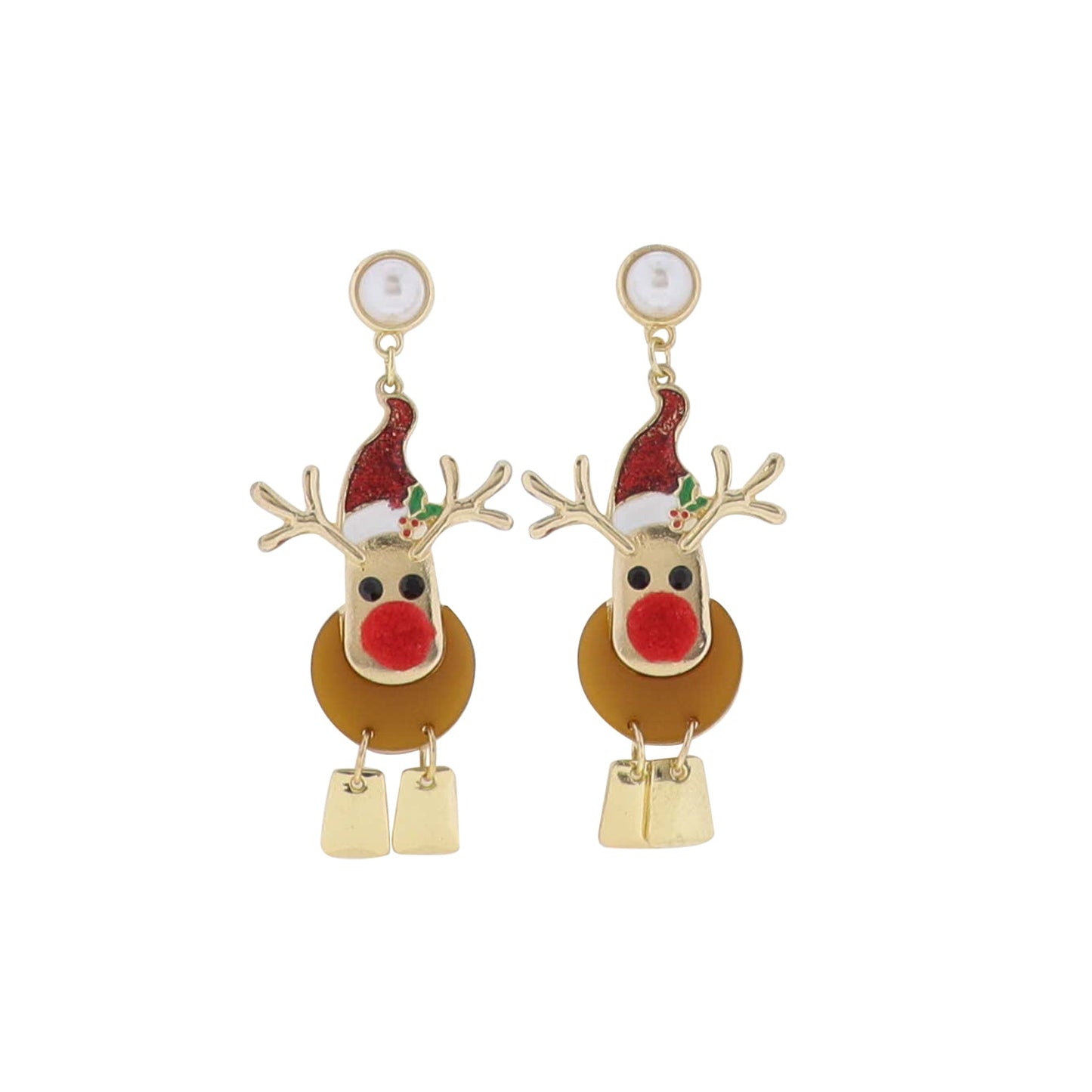Reindeer-shaped earrings with Santa hats on a white background