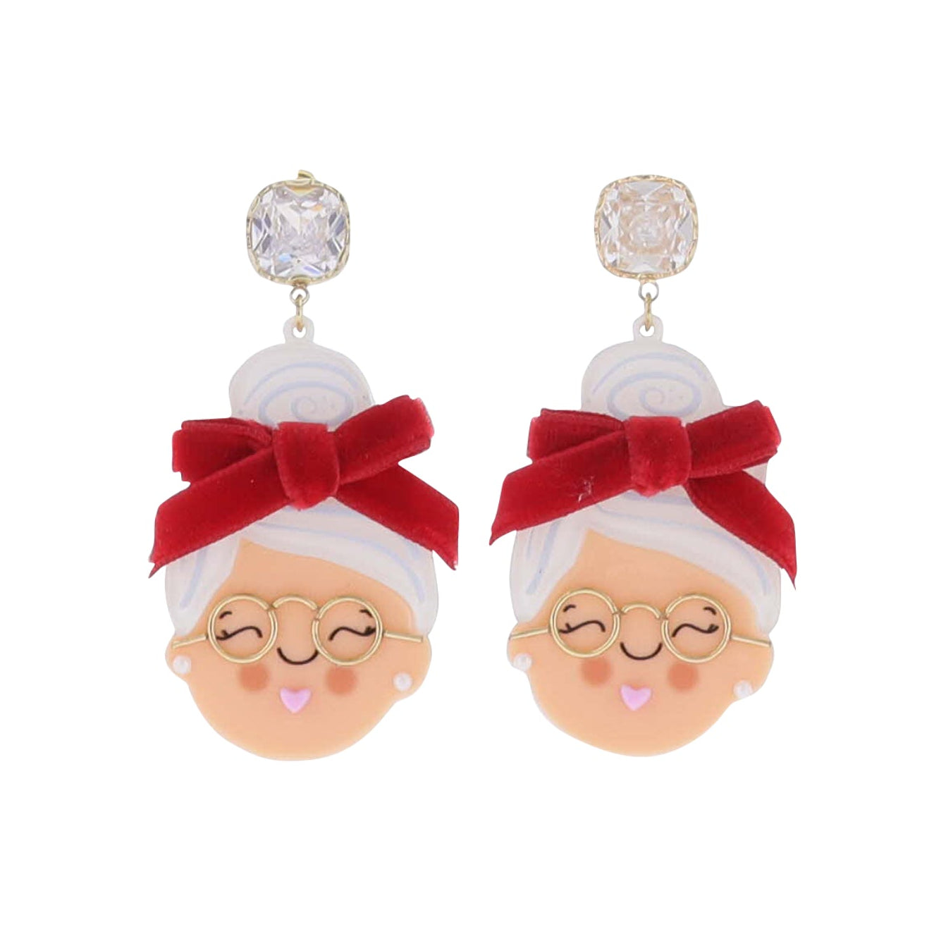 Earrings with cartoon-like faces wearing red bows on a white background