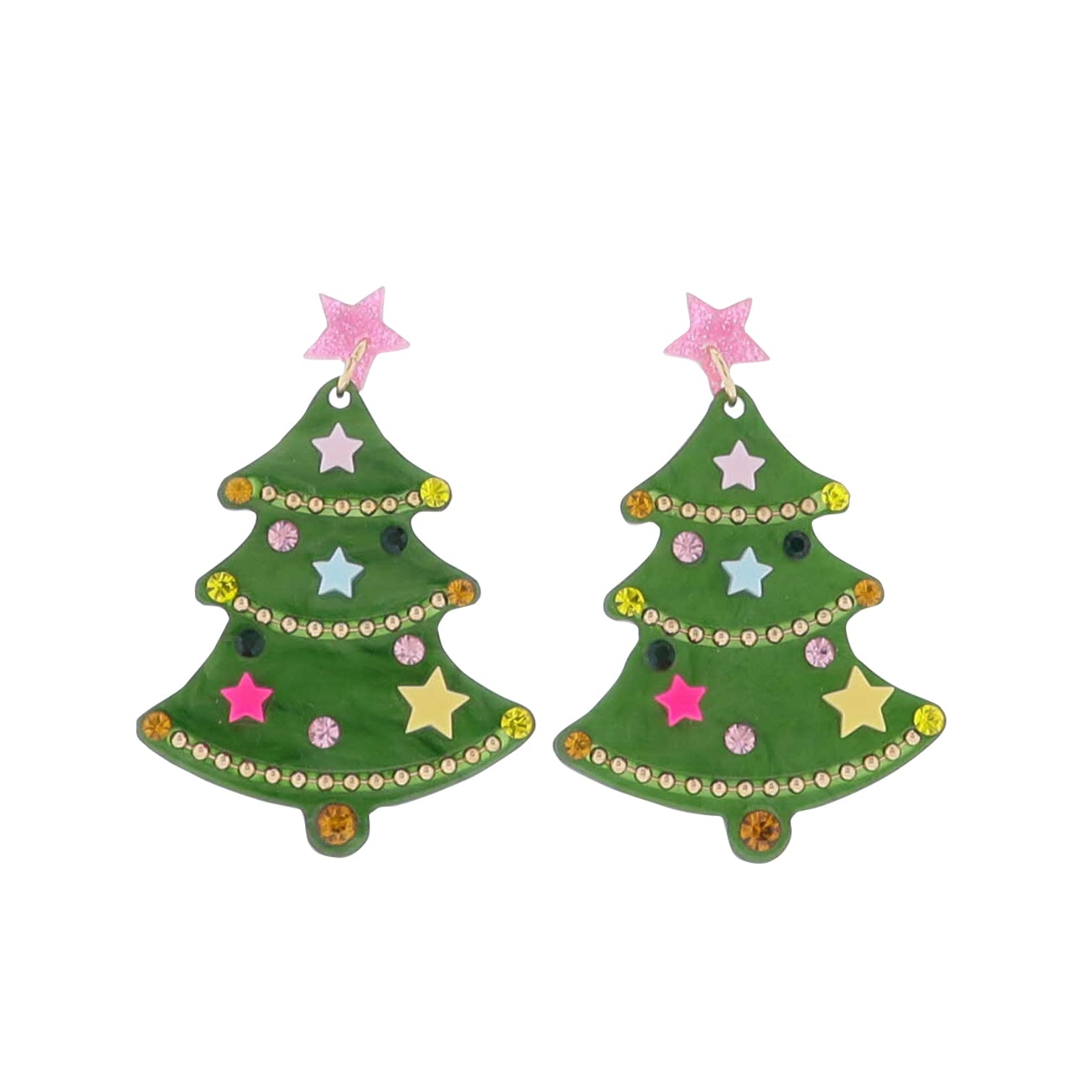 Green Christmas tree-shaped earrings with colorful decorations on a white background