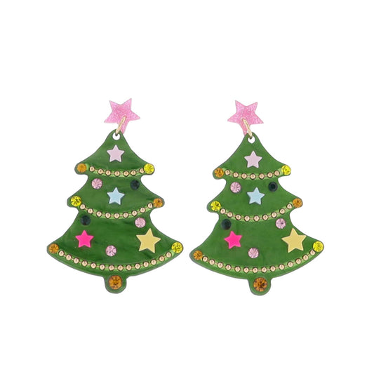 Green Christmas tree-shaped earrings with colorful decorations on a white background