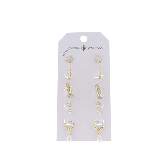 Set of 5, Shell Quatrefoil Stud, Ball Huggie, Crystal Hoop, Pearl Hoop, Gold with Pearl Earring
