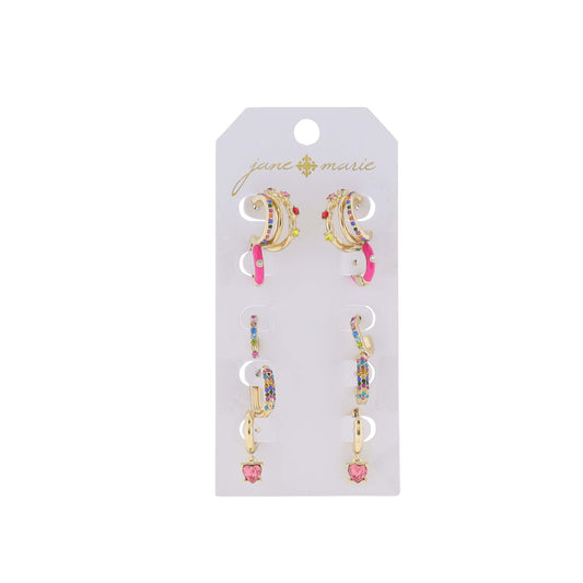 Set of 5, Crystal Huggie, Pink Huggie, Gold Huggie with Pink Crystal Heart, Multi Oval Huggies