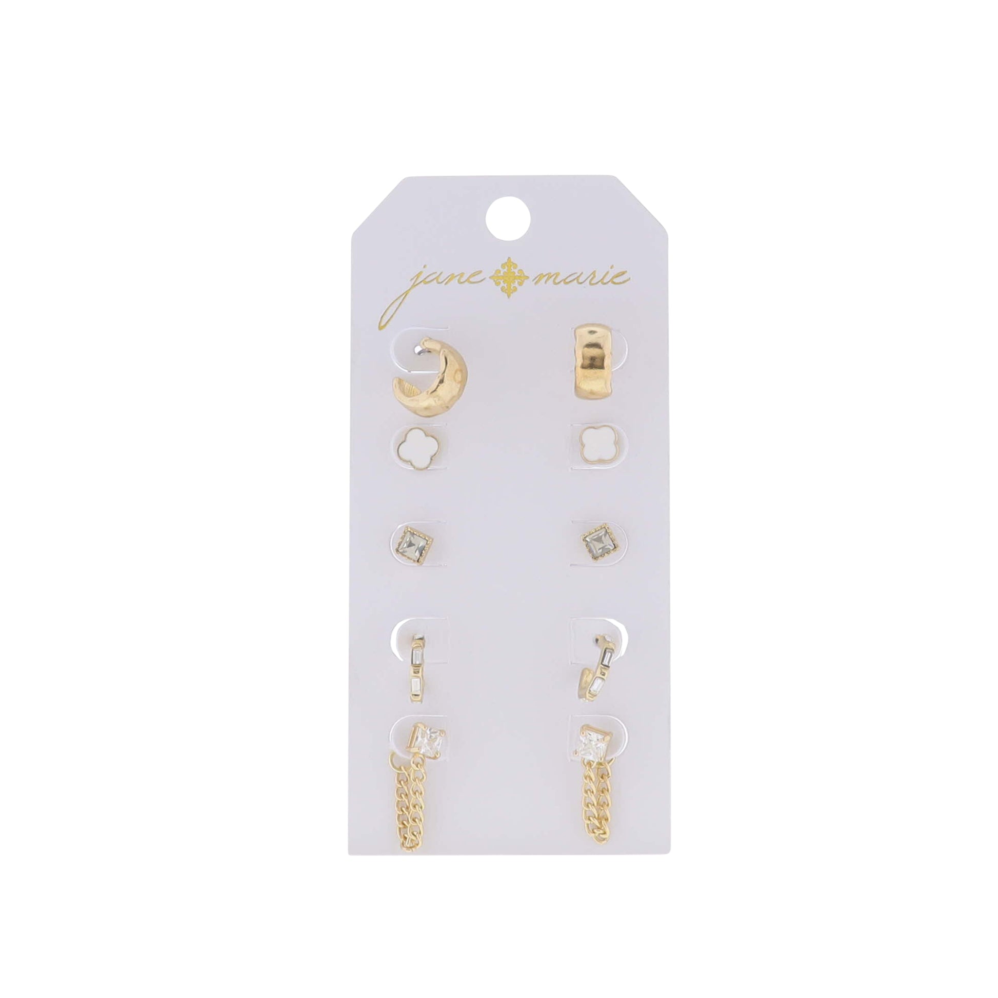 Set of 5, Gold Hoop, Square Crystal & Chain, Crystal, Gold with Crystals, White Quatrefoil Earring
