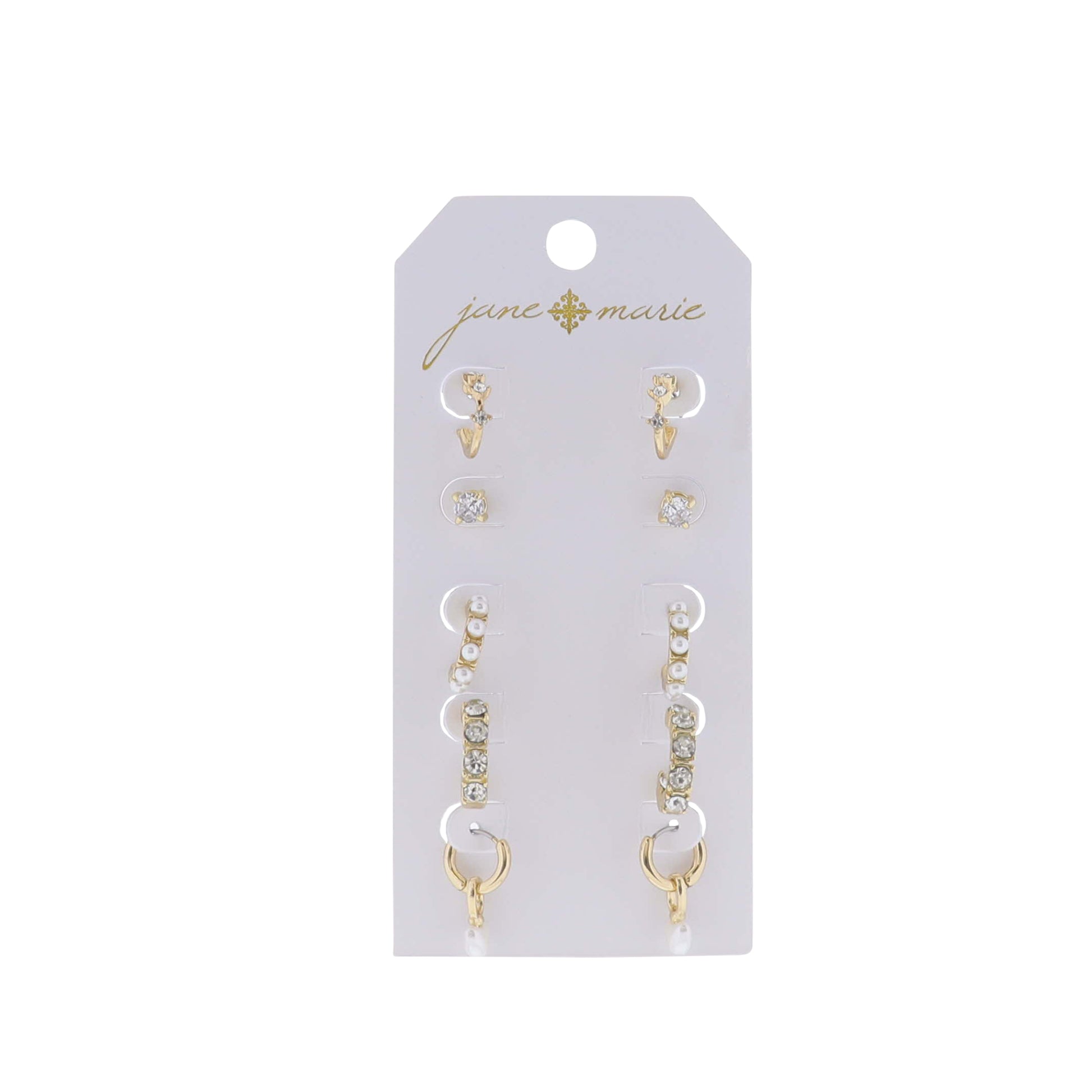 Set of 5, Crystal Hoop, Crystal Circle Stud, Pearl Hoop, Crystal Hoop, Pearl Heart Earring