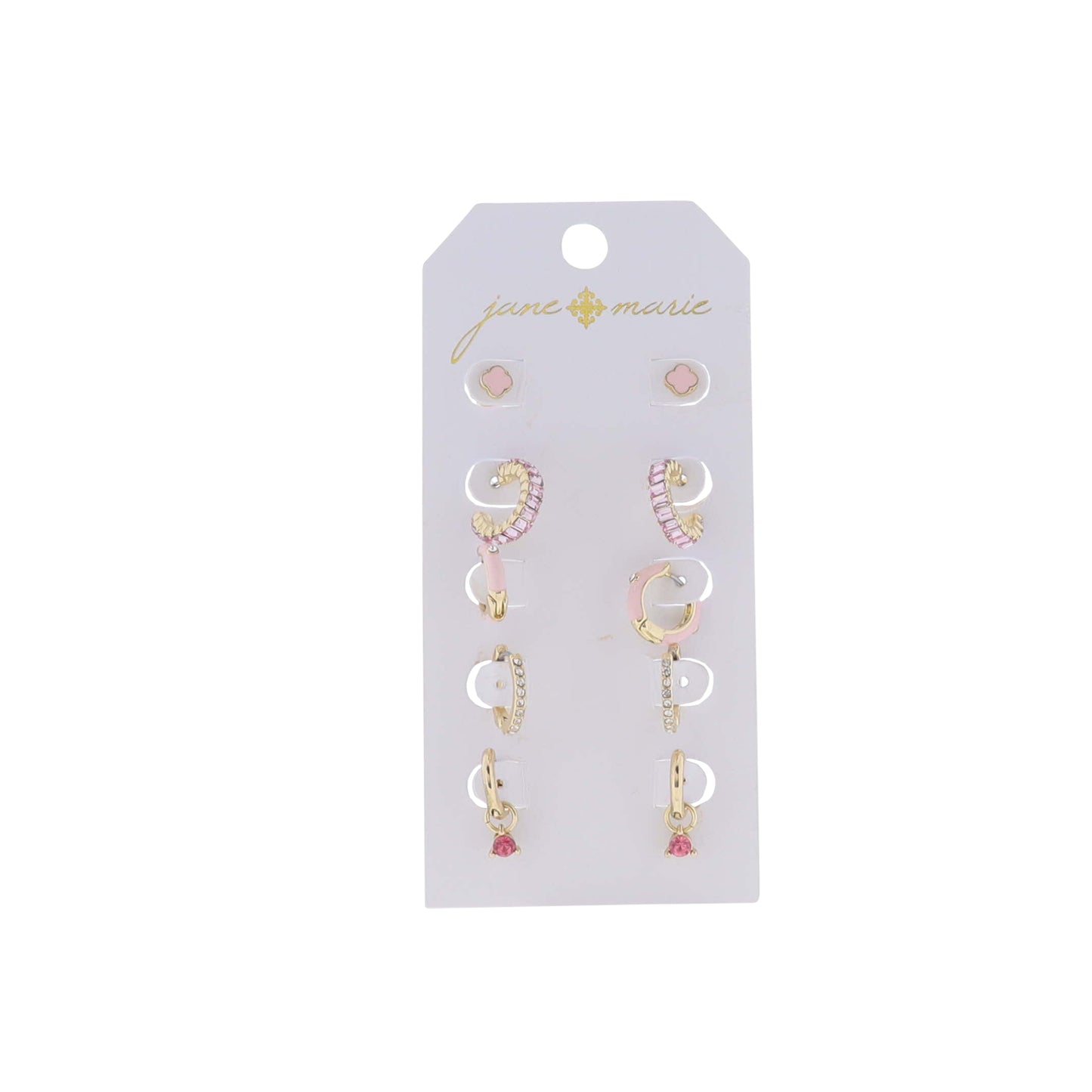 Set of 5, Gold & Crystals, Pink Crystal Hoop, Pink Hoop, Pink Crystal, Pink Quatrefoil Earring