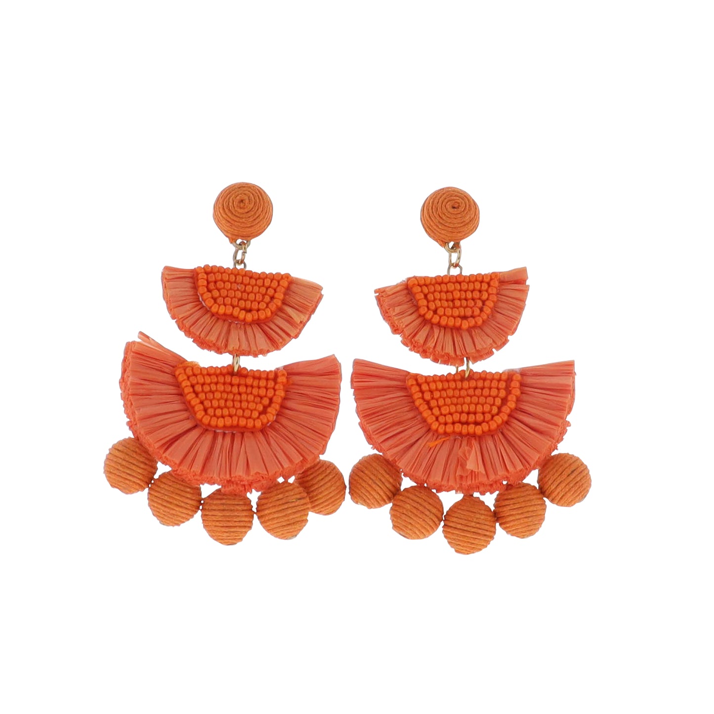 Orange Raffia Fans with Orange Thread Balls and Beaded Accents Earring