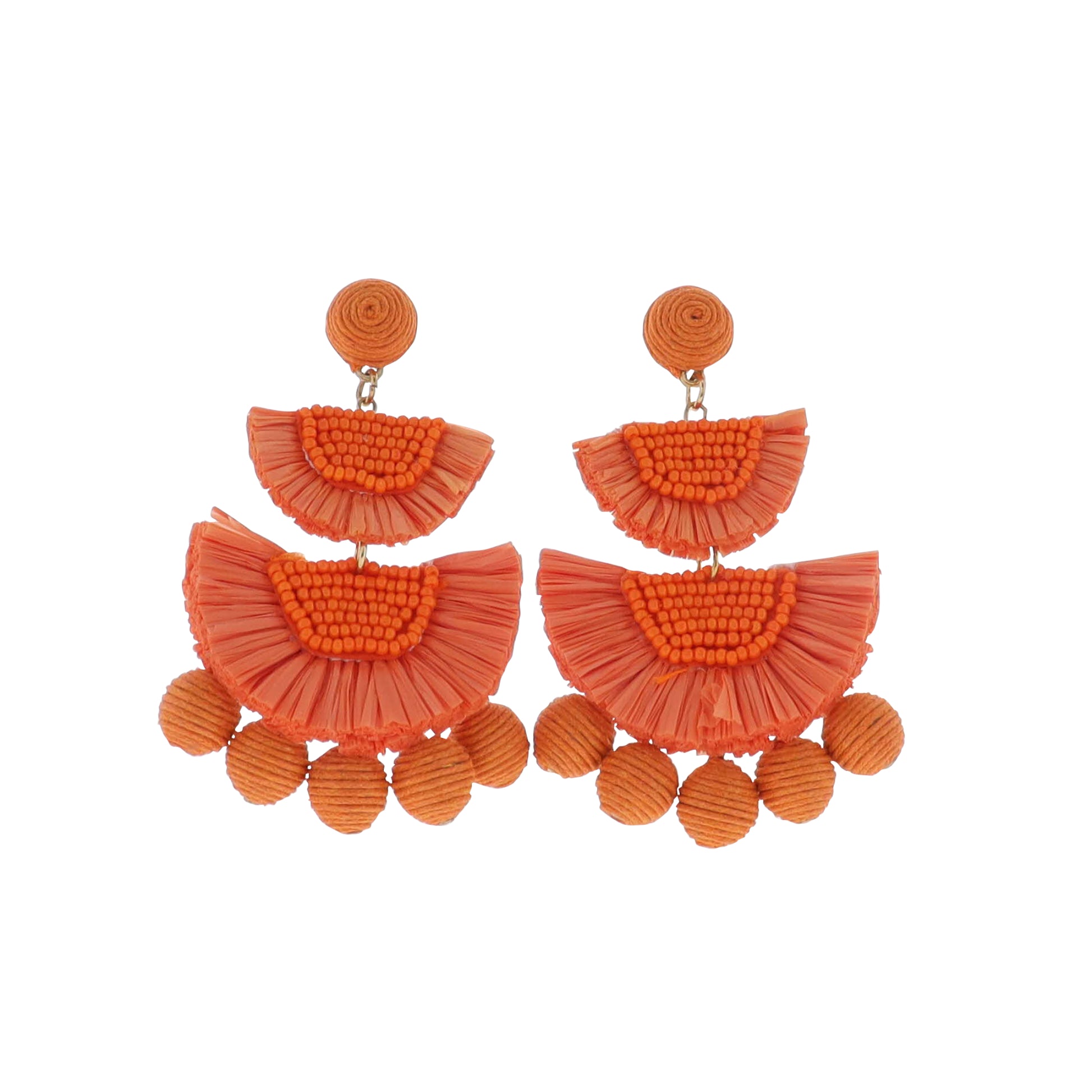 Orange Raffia Fans with Orange Thread Balls and Beaded Accents Earring