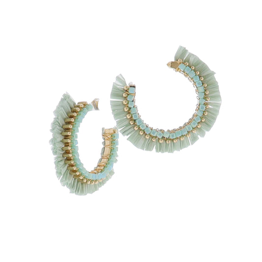 Mint, Gold Raffia Hoop with Gold & Mint Beaded Accents Earring