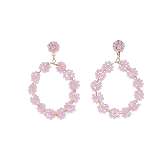 Pink Beaded Flower Hoop with Pink Beaded Flower Post Earring