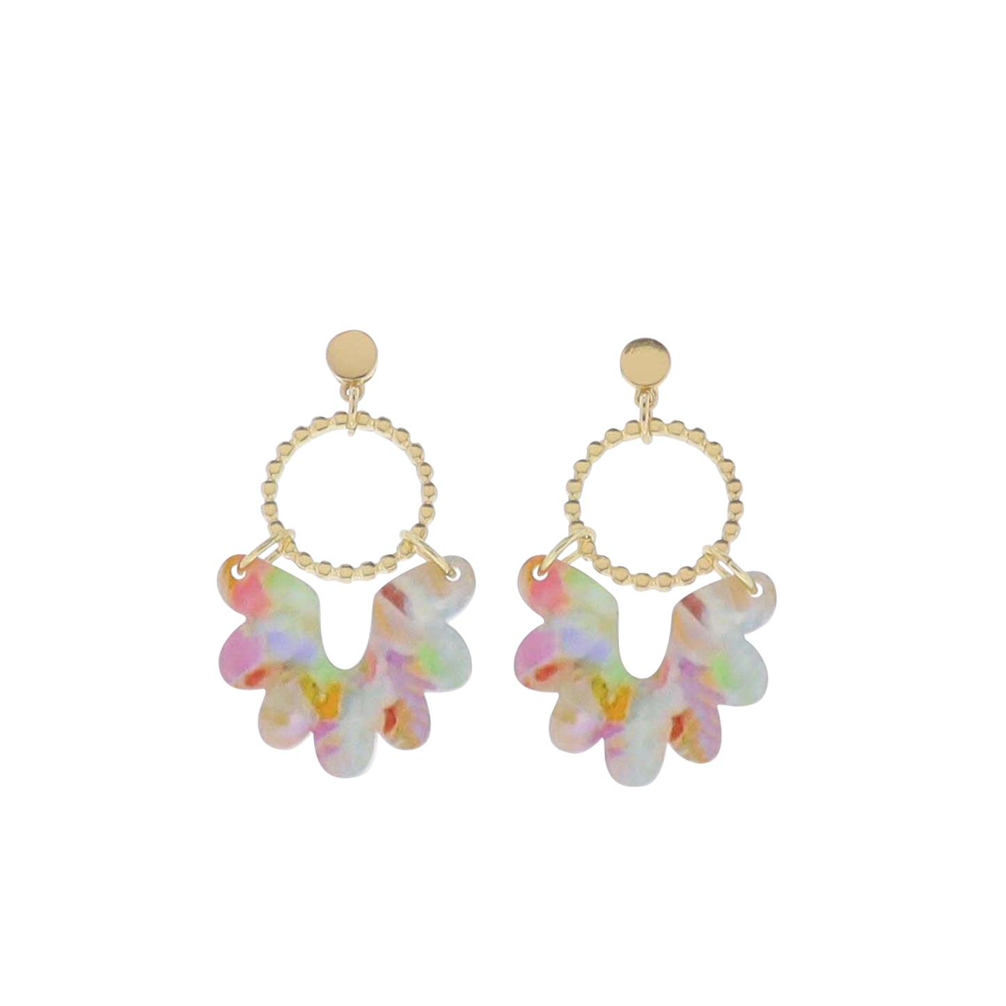 Gold, Multi Gold Ball Hoop with Multi Acrylic Bottom Fan Earring