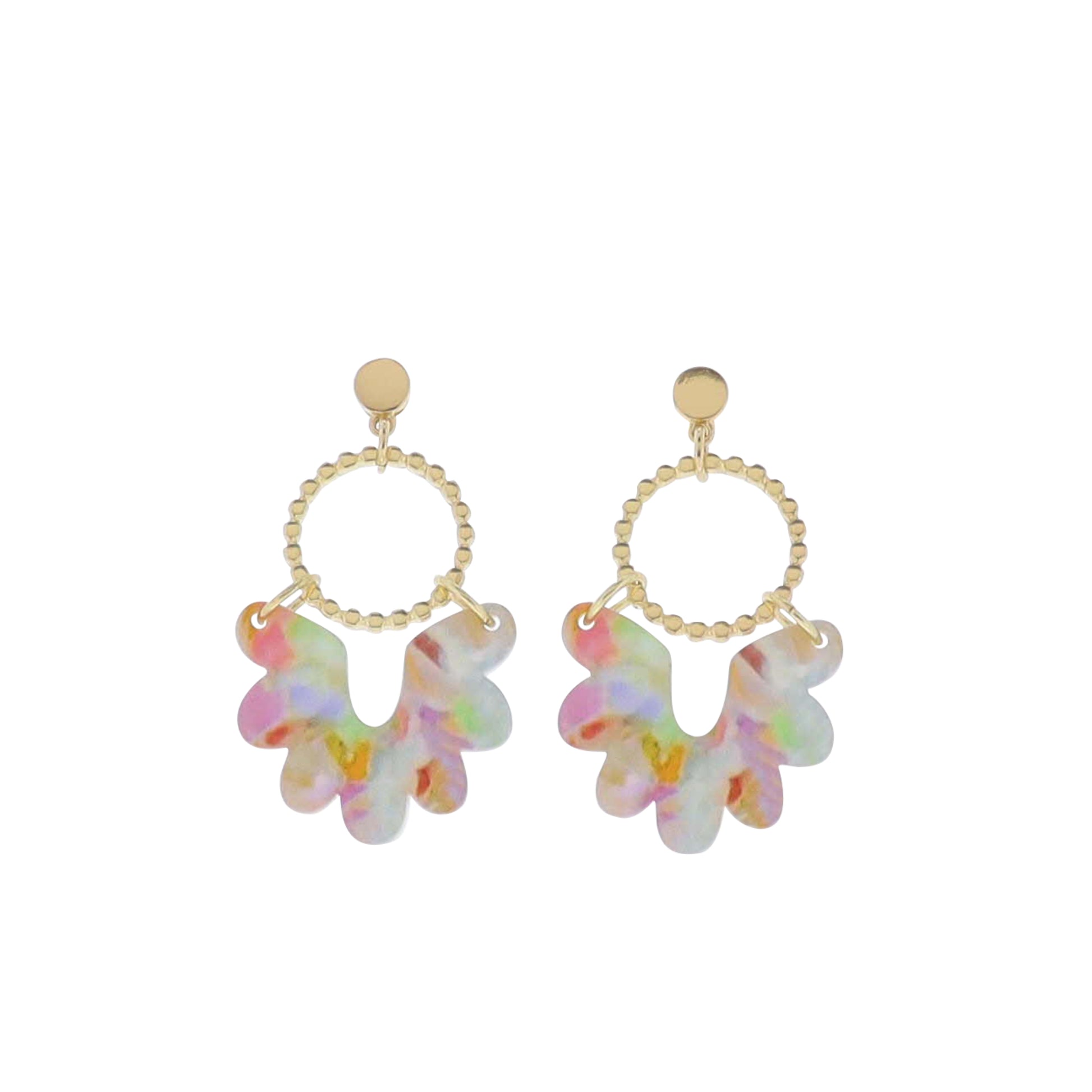 Gold, Multi Gold Ball Hoop with Multi Acrylic Bottom Fan Earring