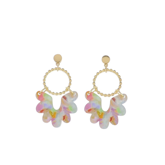Gold, Multi Gold Ball Hoop with Multi Acrylic Bottom Fan Earring