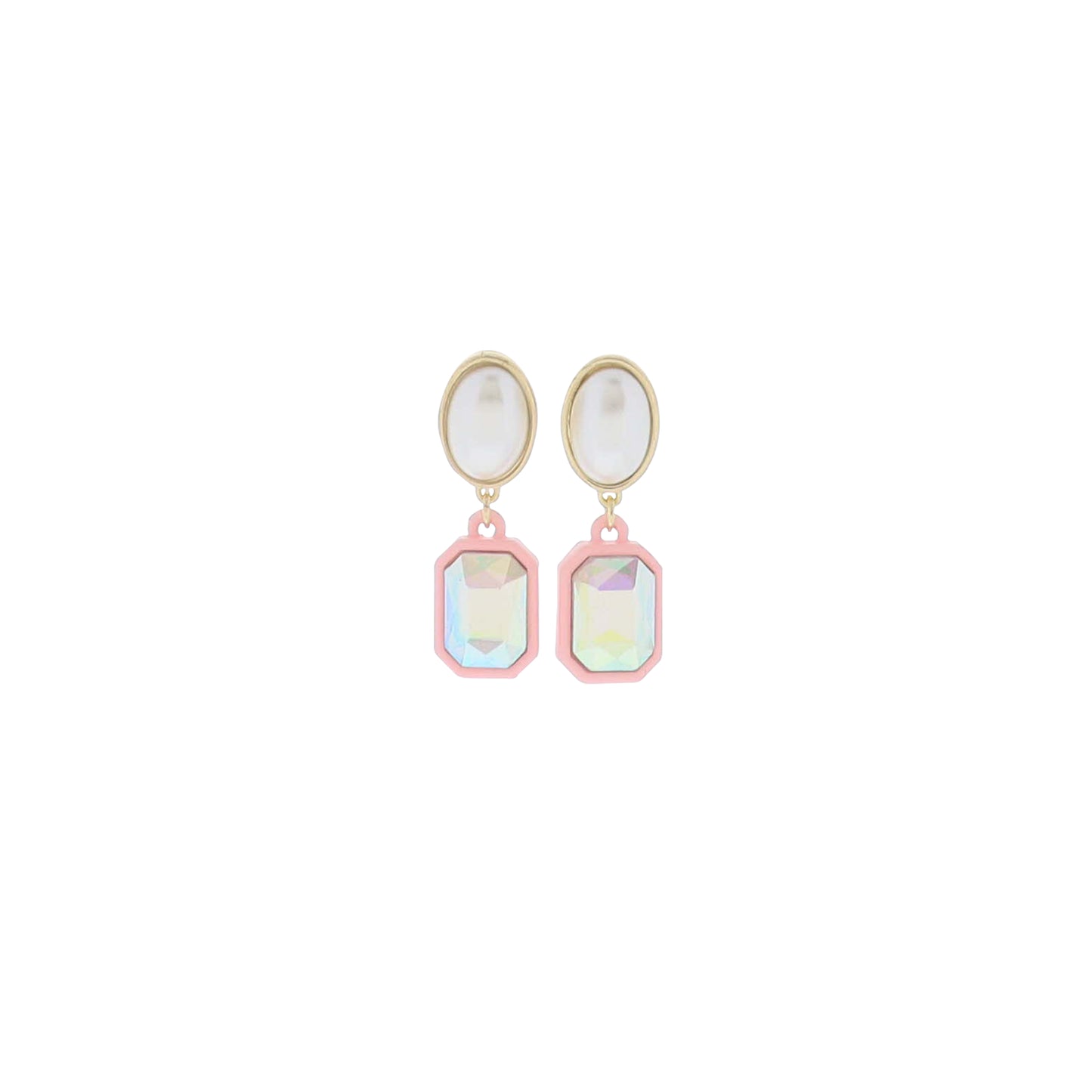 White, Pink AB, Pink Pearl Post with AB Pink Crystal in Pink Rectangle Casing Earring