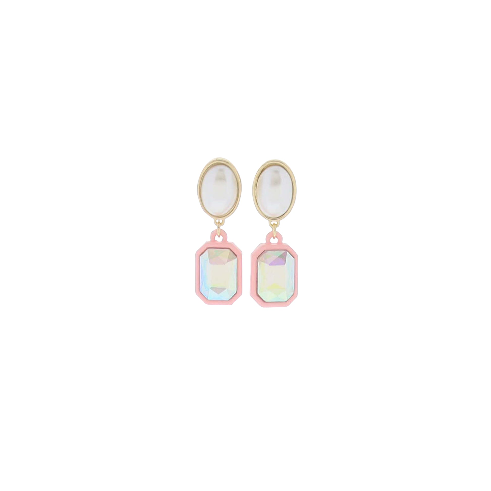 White, Pink AB, Pink Pearl Post with AB Pink Crystal in Pink Rectangle Casing Earring