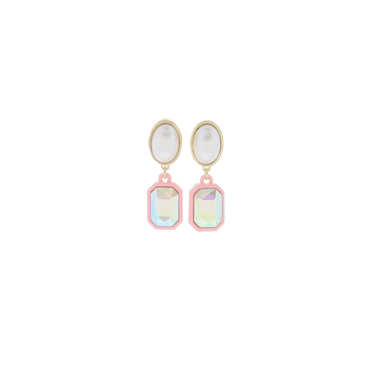 White, Pink AB, Pink Pearl Post with AB Pink Crystal in Pink Rectangle Casing Earring
