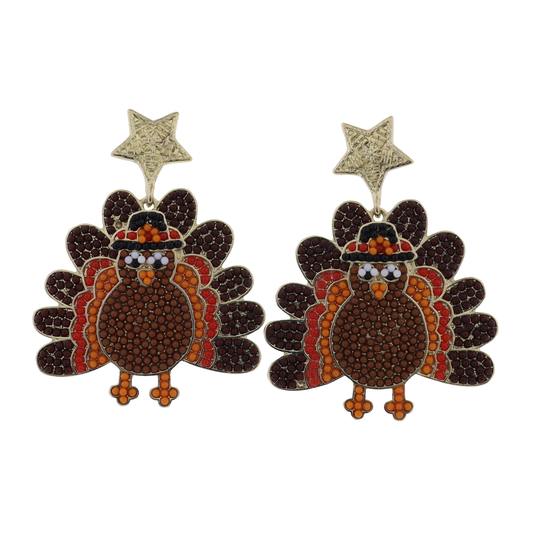 Beaded Turkey in Pilgrim Hat Earring with Gold Star Post