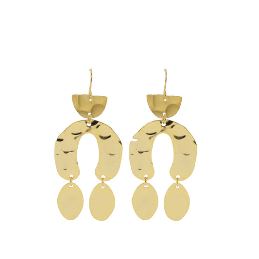 18K Gold Plated Gold Hammered Half Circle and Arch Earrings with Gold Oval Dangles