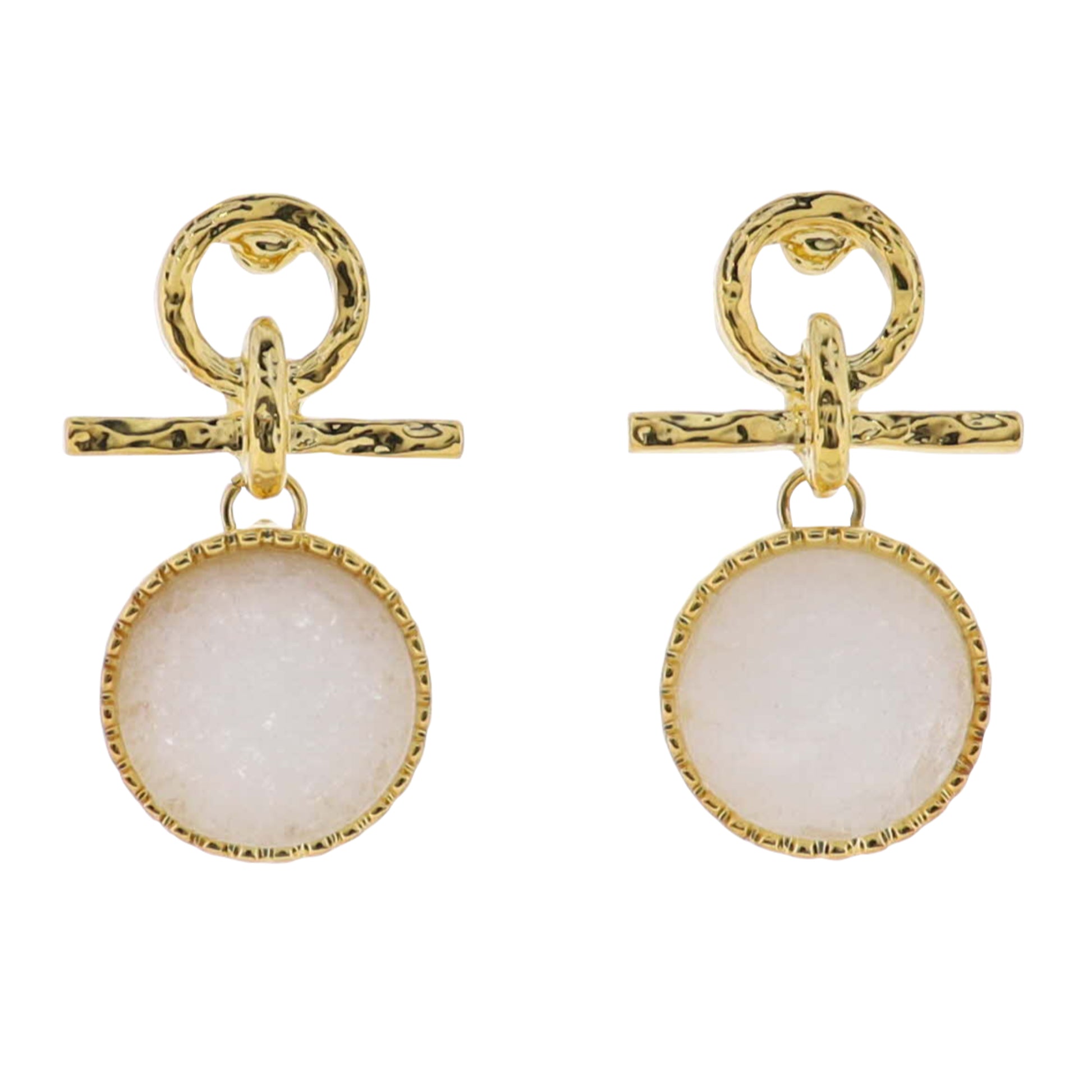 18K Gold Plated Gold, White Circle Post, Line Earrings with White Stone Circle