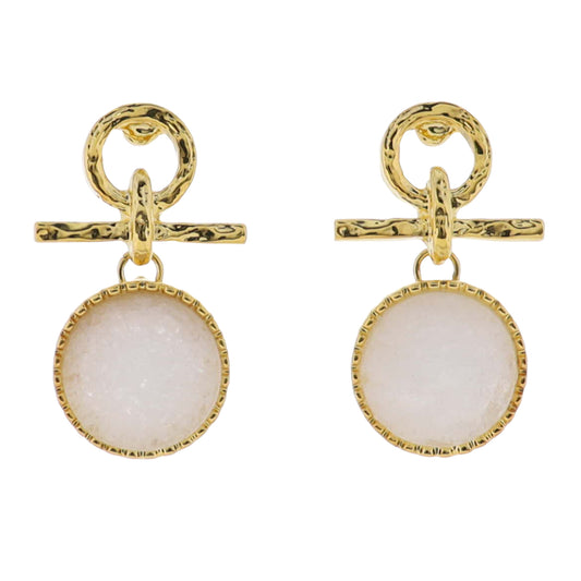 18K Gold Plated Gold, White Circle Post, Line Earrings with White Stone Circle