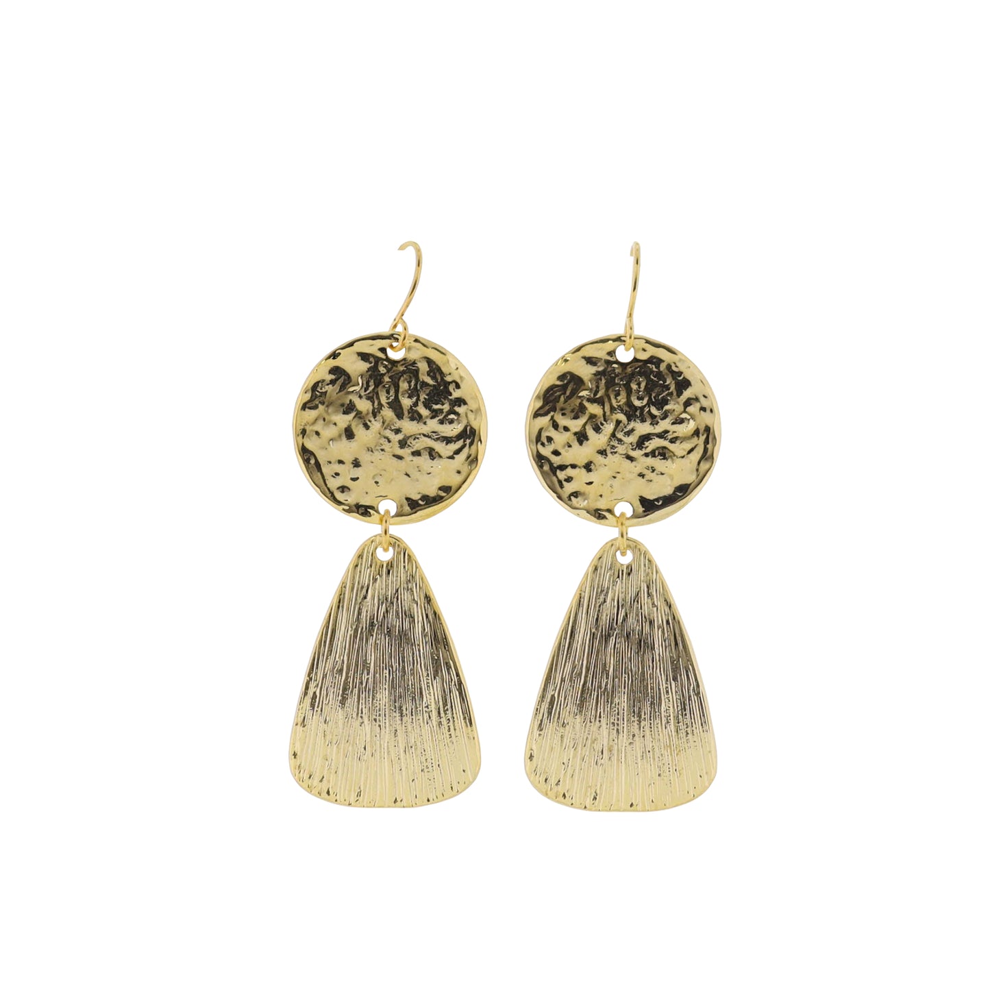 18K Gold Plated Hammered Disk Earrings with Textured Rounded Triangle