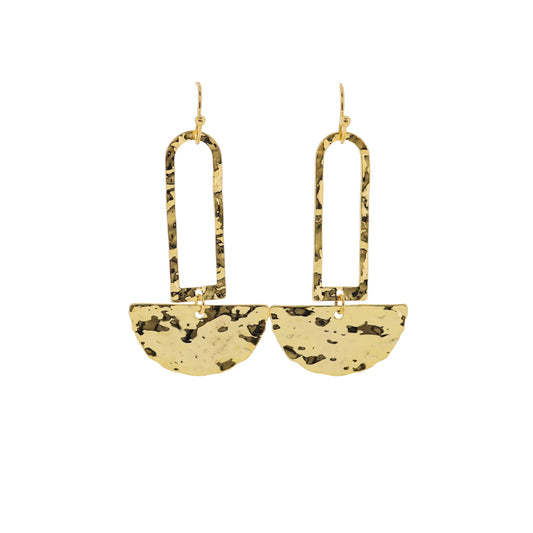 18K Gold Plated Gold Open Rounded Rectangle Earrings with Gold Hammered Half CIrcle