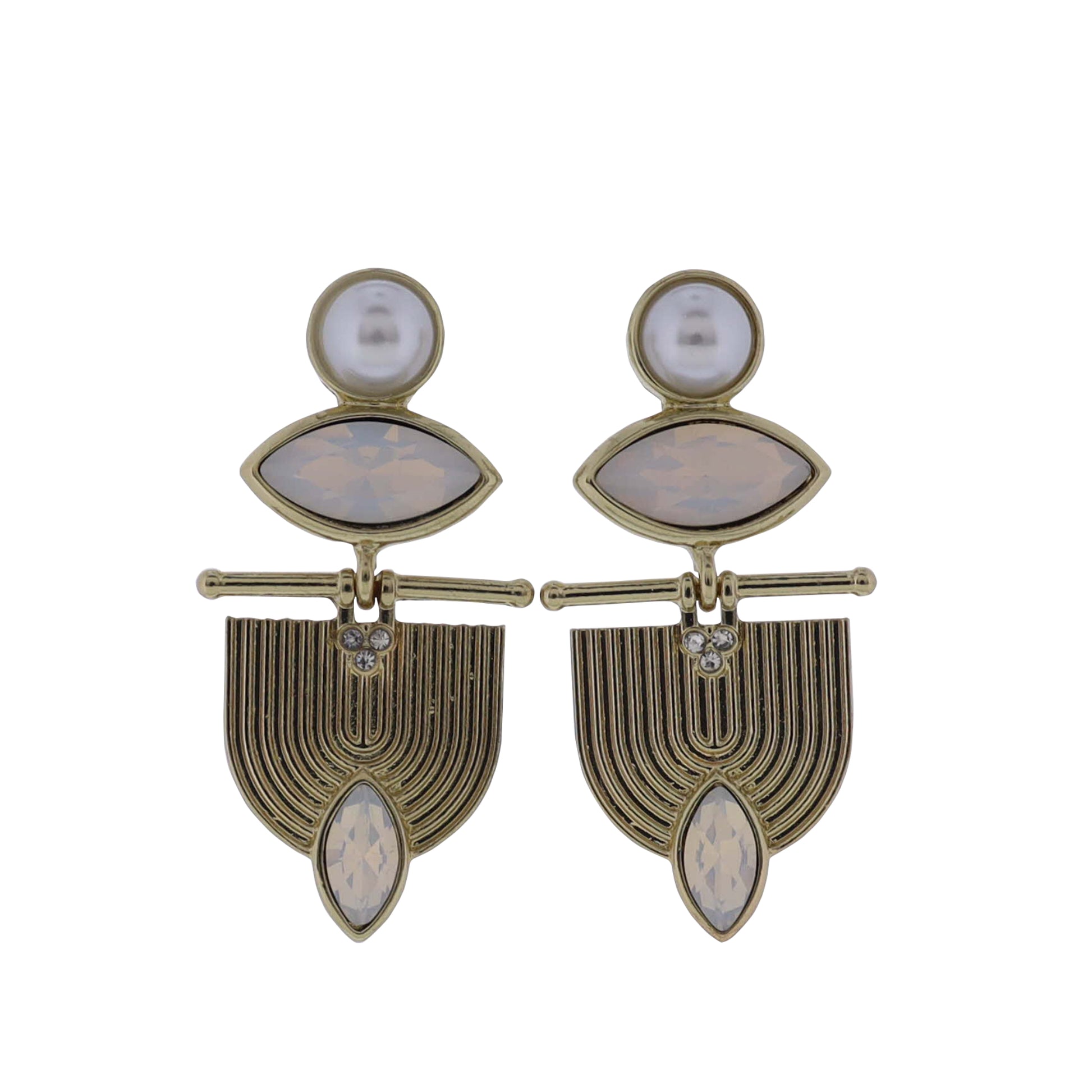 Pearl, Gold, Moonstone, Gold Circle Post Earrings with Moonstone Accents, Gold Textrued Plate