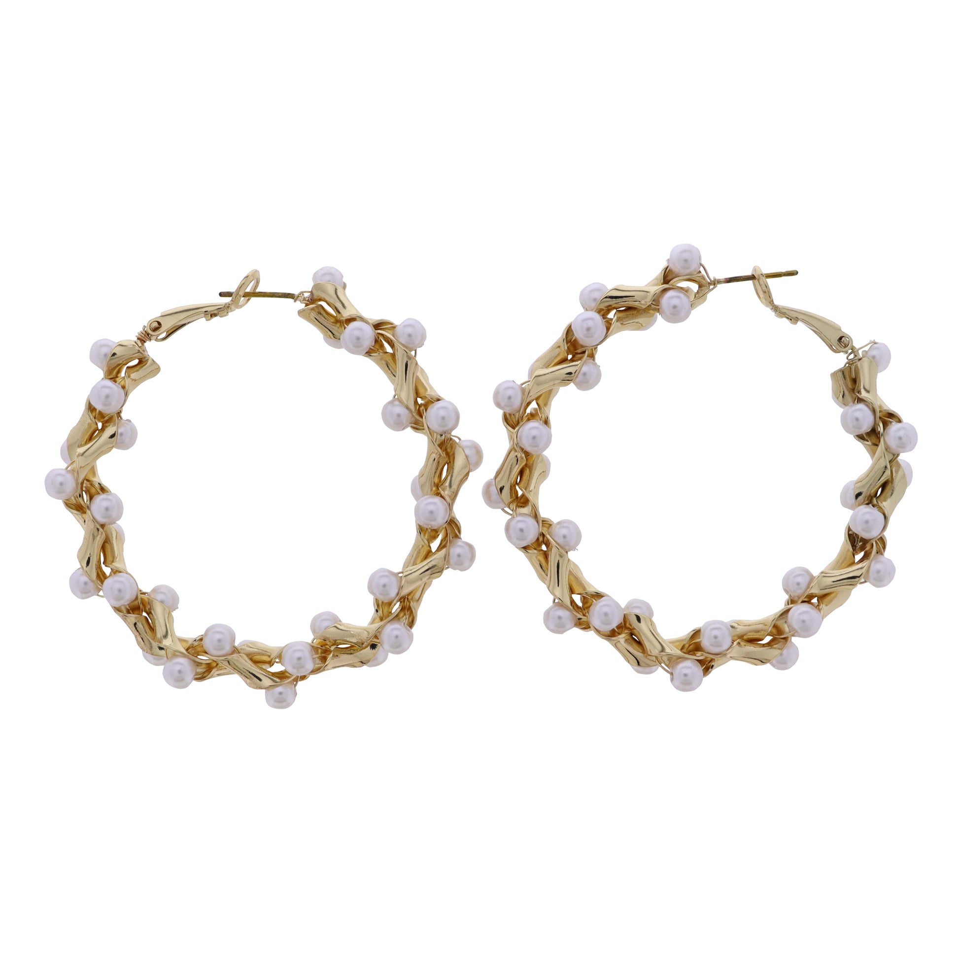 Gold, Pearl Twisted Large Hoop Earrings with Pearls