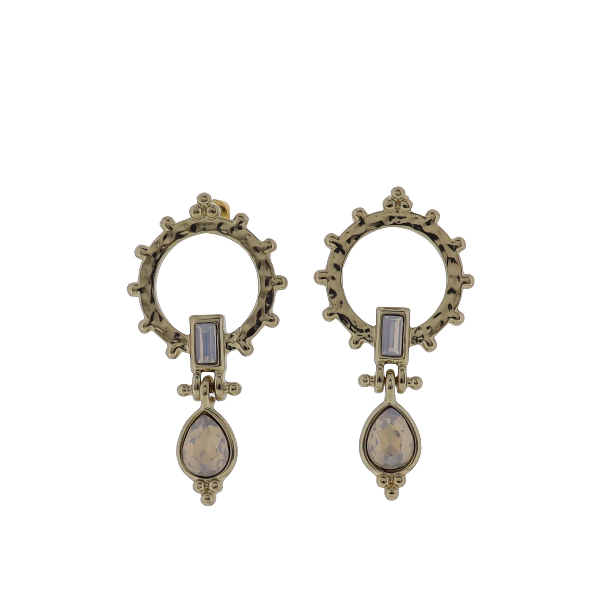 Gold, Moonstone Studded Circle Post Earrings with Moonstone Crystal Accents