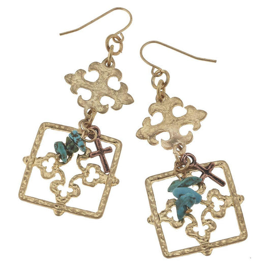 Gold Square with Charm Cluster Earring