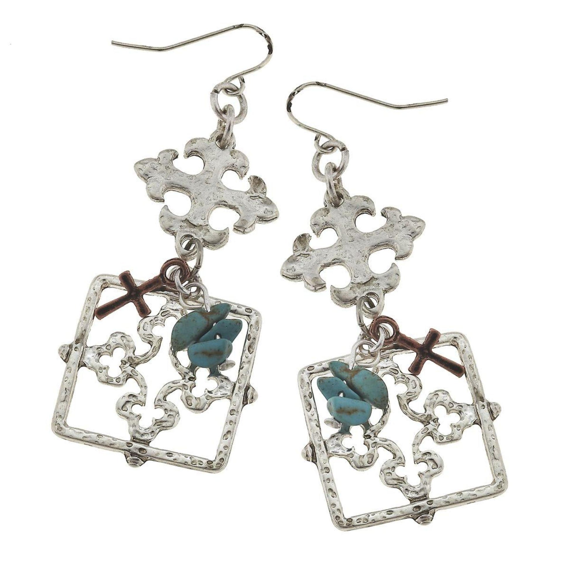Silver Square with Charm Cluster Earring