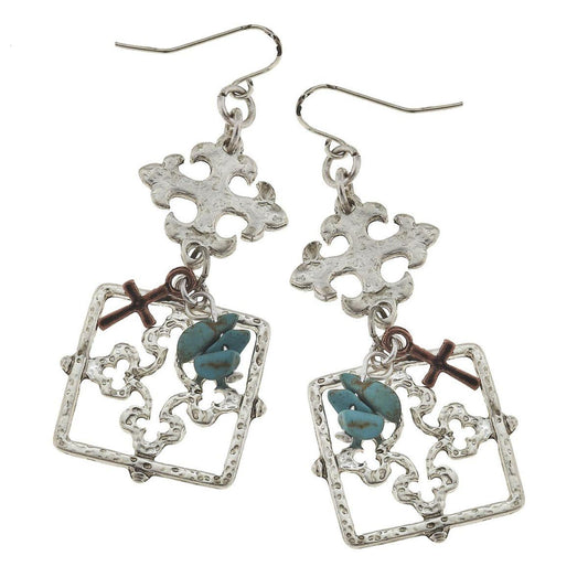 Silver Square with Charm Cluster Earring