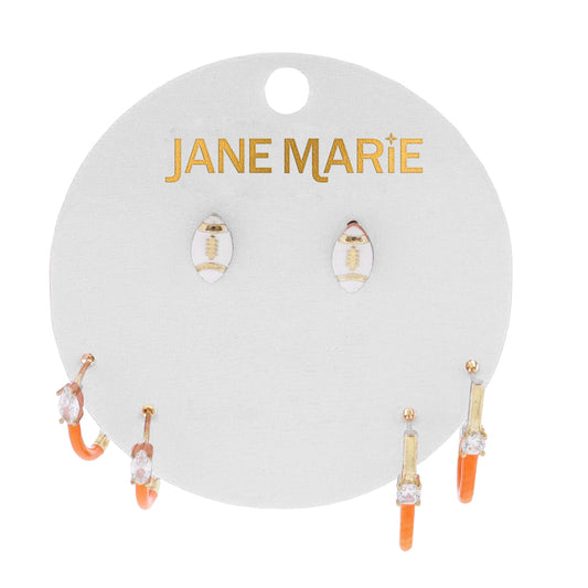 White, Gold, Orange Enamel Set of 3, Football, Teardrop Crystal Huggie, Crystal Huggie Earring