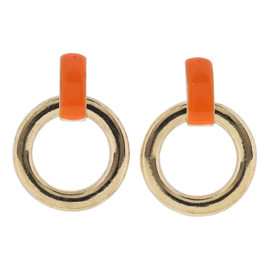 Orange, Gold Enamel Rectanglewith Circle Earring