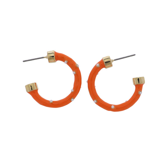 Orange, Gold, Pearl Enamel Hoop Earring