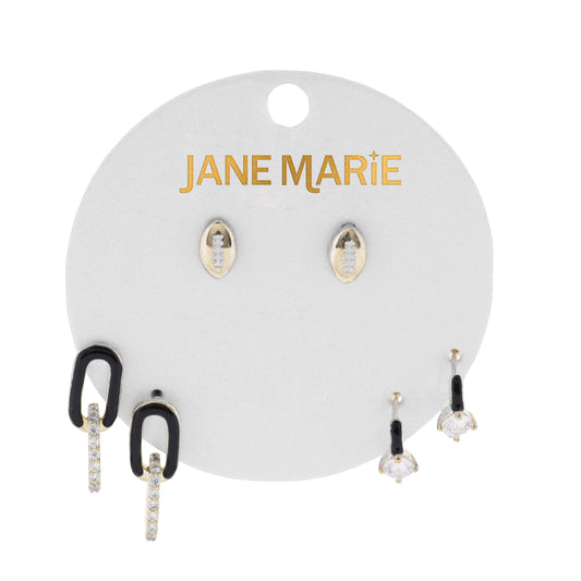 Gold, Black Enamel Set of 3, Football, Oval & Crystal Link, Circle Crystal Huggie Earring