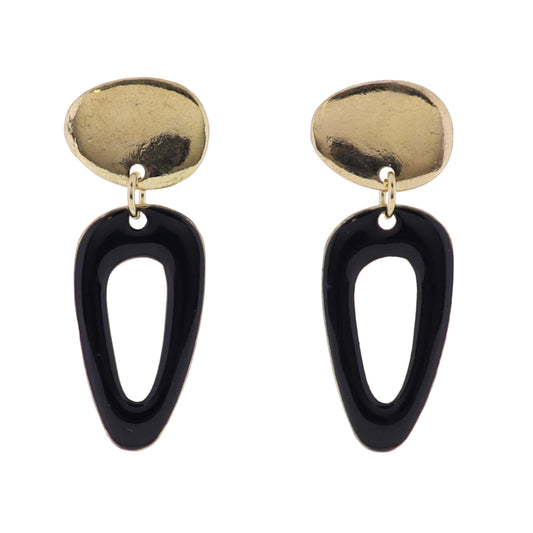 Gold, Black Enamel Freeform Gold Oval with Black Open Shape Earring