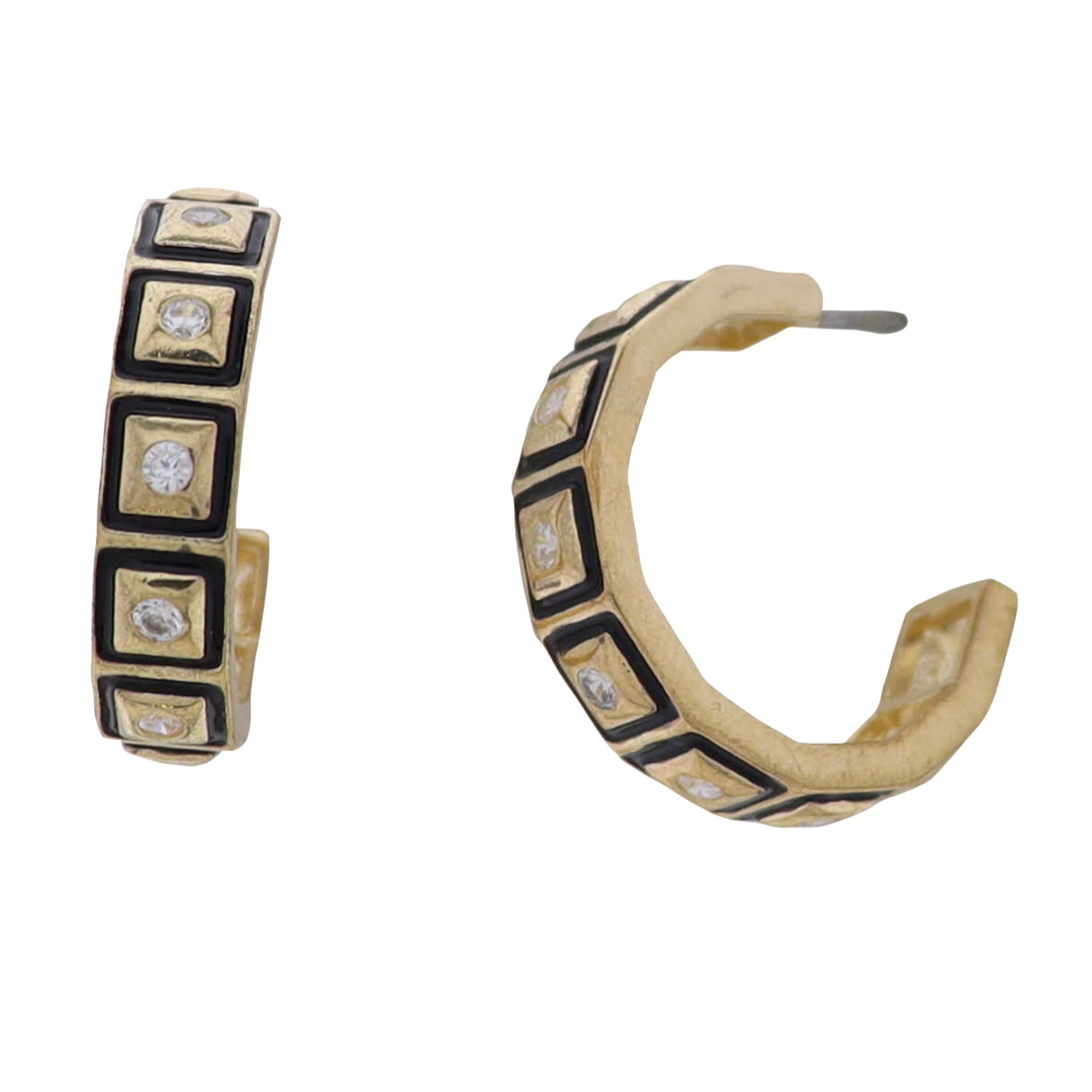 Gold, Black Enamel Square Designed Hoop with Clear Crystals Earring
