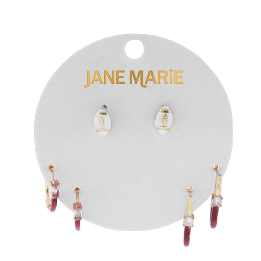 White, Gold, Maroon Enamel Set of 3, Football, Oval & Crystal Link, Circle Crystal Huggie Earring