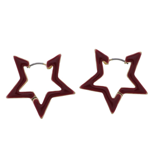 Gold, Maroon Enamel Star Earring