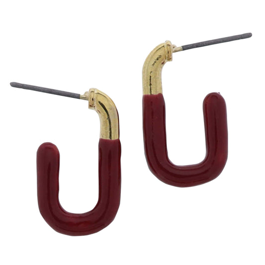 Gold, Maroon Enamel Square Huggie Earring