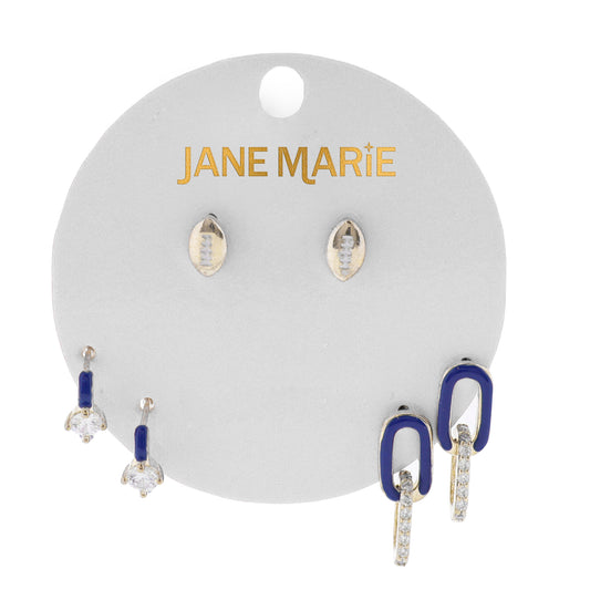 Gold, Royal Enamel Set of 3, Football, Oval & Crystal Link, Circle Crystal Huggie Earring