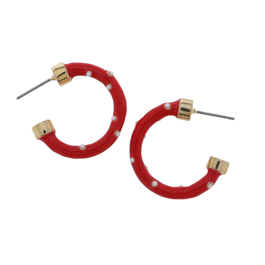 Red, Gold, Pearl Enamel Hoop Earring