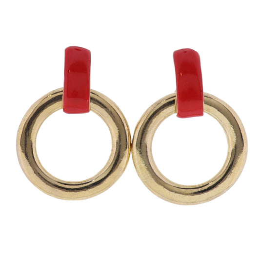 Red, Gold Enamel Rectangle with Circle Earring