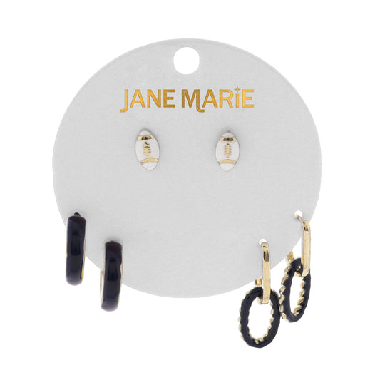Fashion White, Gold, Navy Set of 3, Football, Hoop, Oval Link Huggie Earring