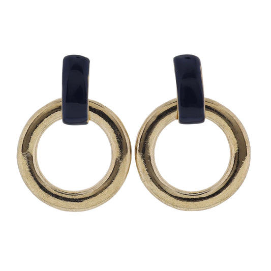Navy, Gold Enamel Rectangle with Circle Earring