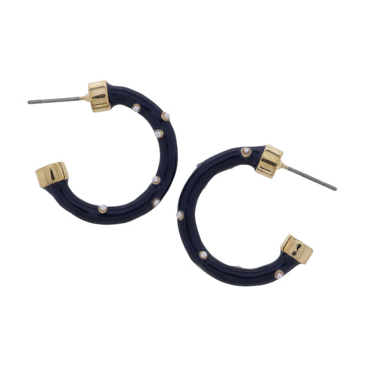 Navy, Gold, Pearl Enamel Hoop Earring