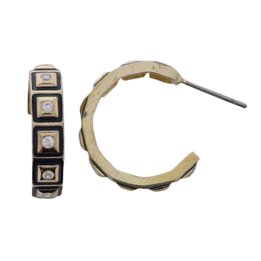 Navy, Gold Enamel Square Huggie Earring