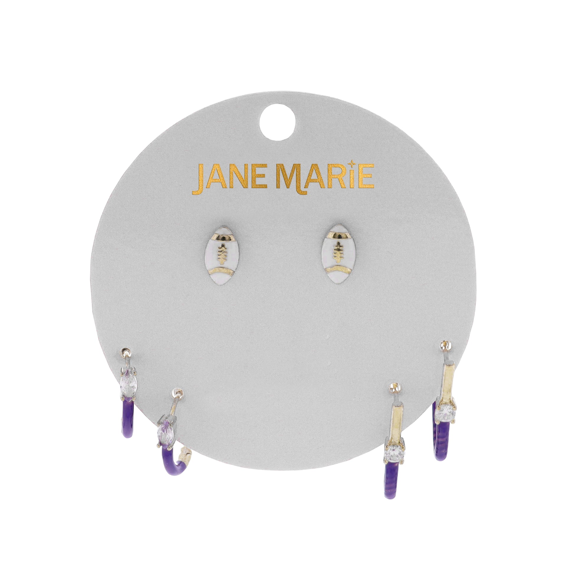 Purple, Gold, White Enamel Set of 3, Football, Teardrop Crystal Huggie, Crystal Huggie Earring