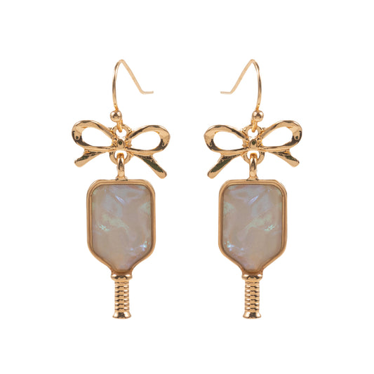 Gold, White Pickleball Paddle Earrings with Bow Post