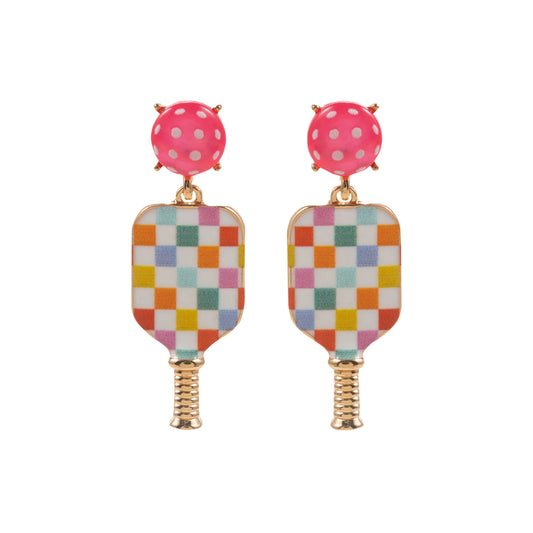 Checkered Print Multi, Gold Pickleball Paddle Earrings